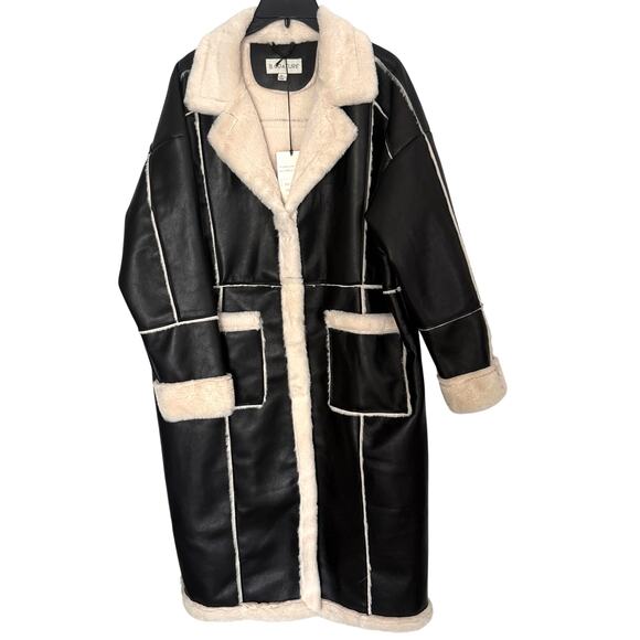 B Coature Faux Leather Faux Fur Sherpa Longline Jacket Coat Black Cream Size XL - Picture 2 of 9